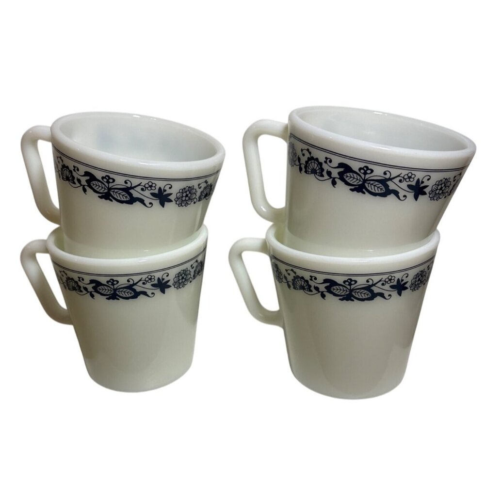 Pyrex Mugs Old Towne Blue Onion Milk Glass Coffee Cups Set Of 4 Vintage USA